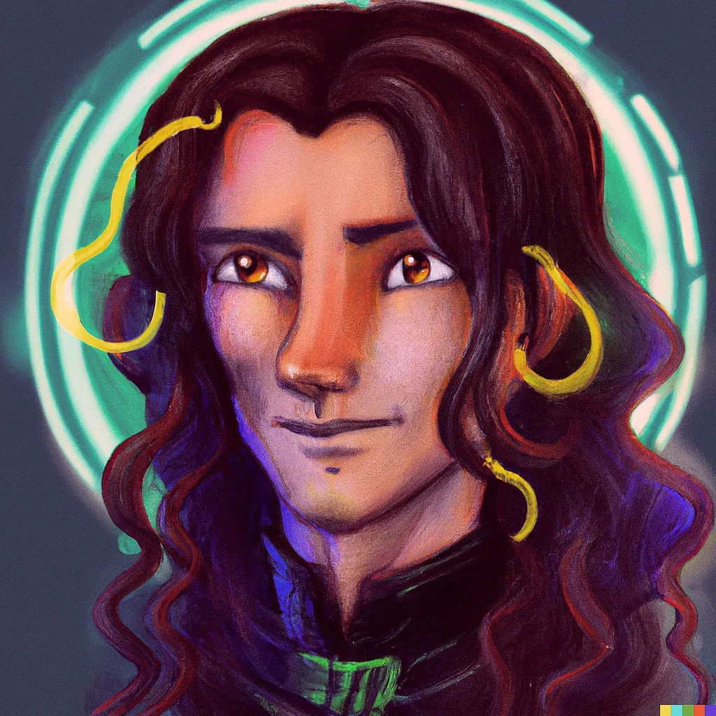 My avatar, AI generated, a person with long brown hair, dark shiny eyes.